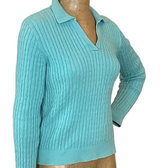 Karen Scott Cotton Cable-Knit Polo Sweater M Blue #270M - Picture 2 of 6